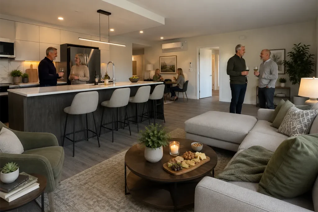 Interior view of an apartment in the Shiraz Gardens community showing a furnished open concept room. People are gathered for conversation, food and drinks.