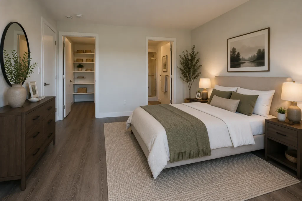 Interior view of an apartment in the Shiraz Gardens Cabernet building showing a furnished bedroom.