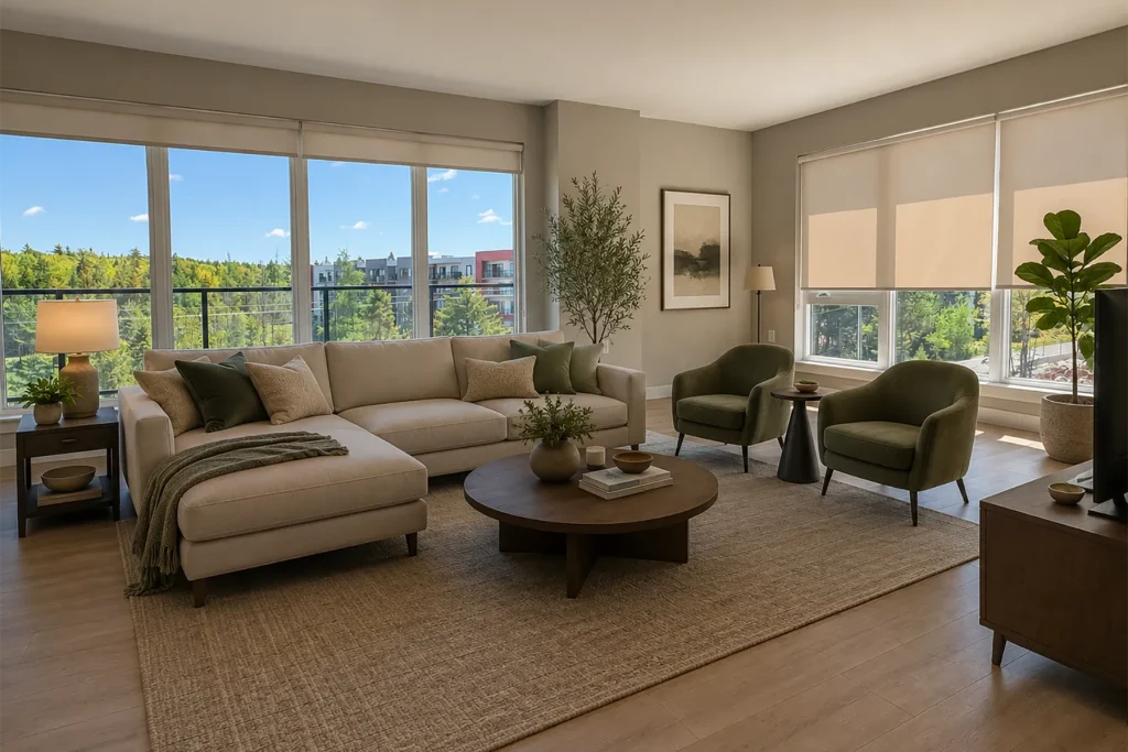 Interior view of an apartment in the Shiraz Gardens Cabernet building showing the living room.