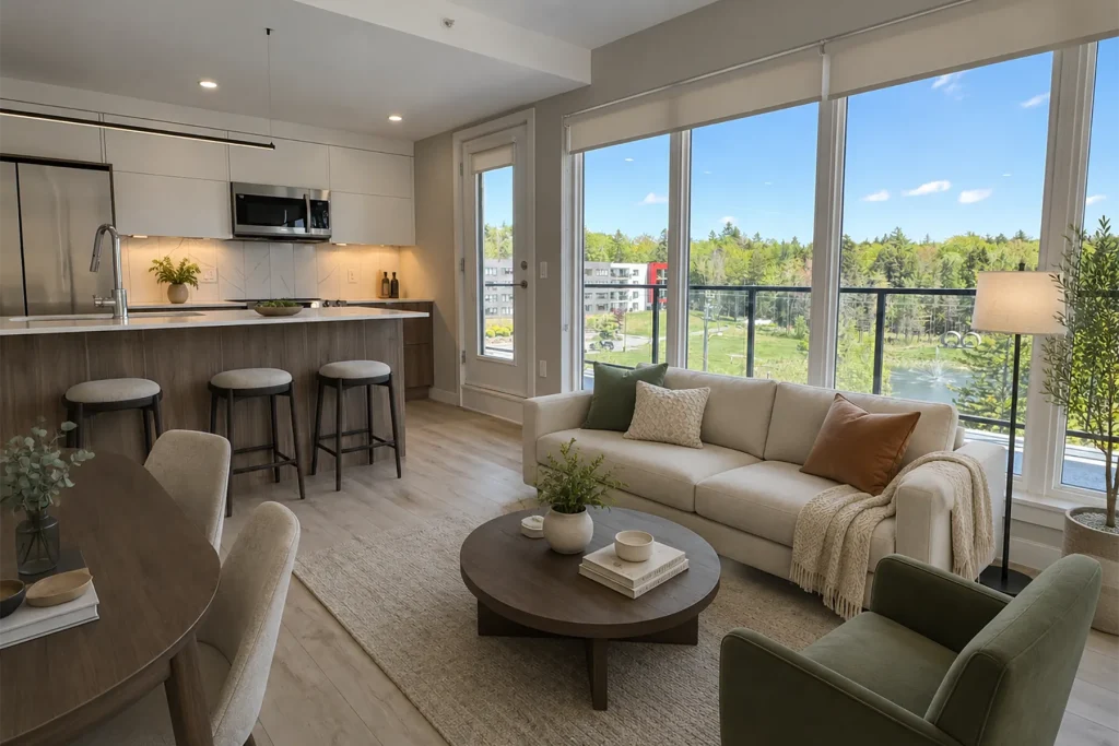 Interior view of an apartment in the Shiraz Gardens community showing a furnished open concept room.