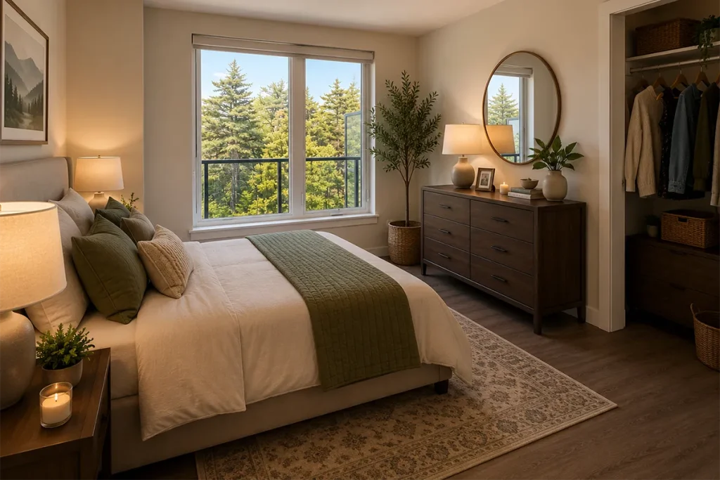 Interior view of an apartment in the Shiraz Gardens community showing a furnished bedroom.