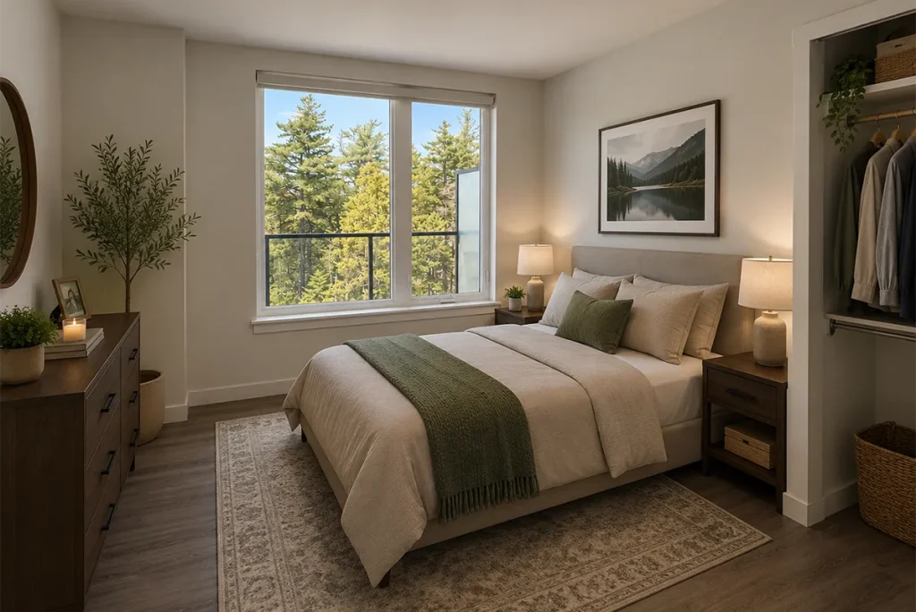 Interior view of an apartment in the Shiraz Gardens community showing a furnished bedroom.