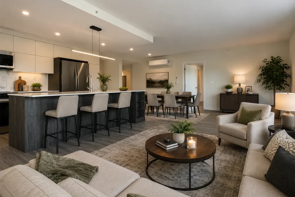 Interior view of an apartment in the Shiraz Gardens community showing a furnished open concept living room, dinning room, and kitchen.