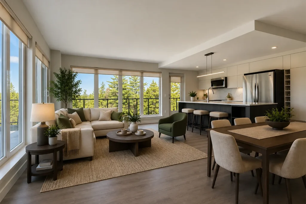 Interior view of an apartment in the Shiraz Gardens community showing a furnished open concept living room, dinning room, and kitchen.