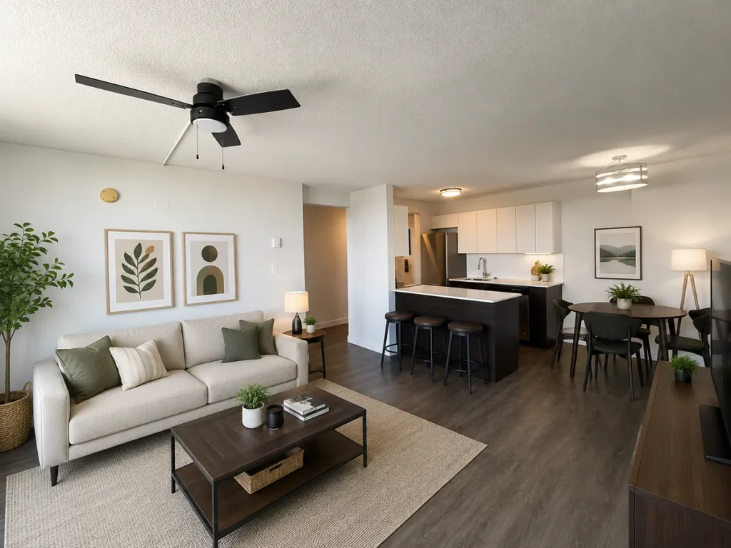 Open concept living room and dining room that is fully furnished in an apartment building for rent on Dutch Village Road in Fairview, Halifax