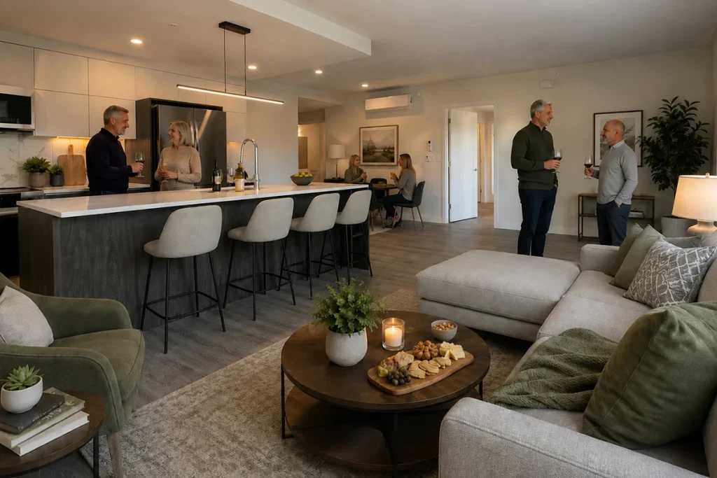 Shiraz Gardens Apartment Interior view of an apartment in the Shiraz Gardens community showing a furnished open concept room. People are gathered for conversation, food and drinks.