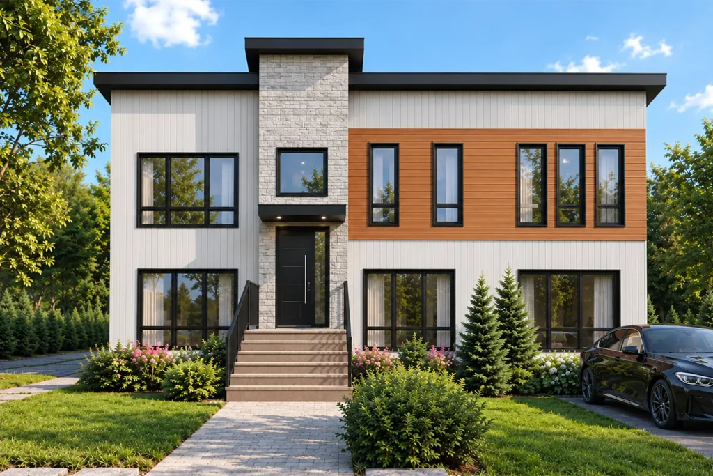 Bear Cove Architectural rendering of a modern two-storey home at Bear Cove in Ketch Harbour, Nova Scotia, featuring white siding, warm wood accents, stone detailing, black-framed windows, and landscaped gardens.